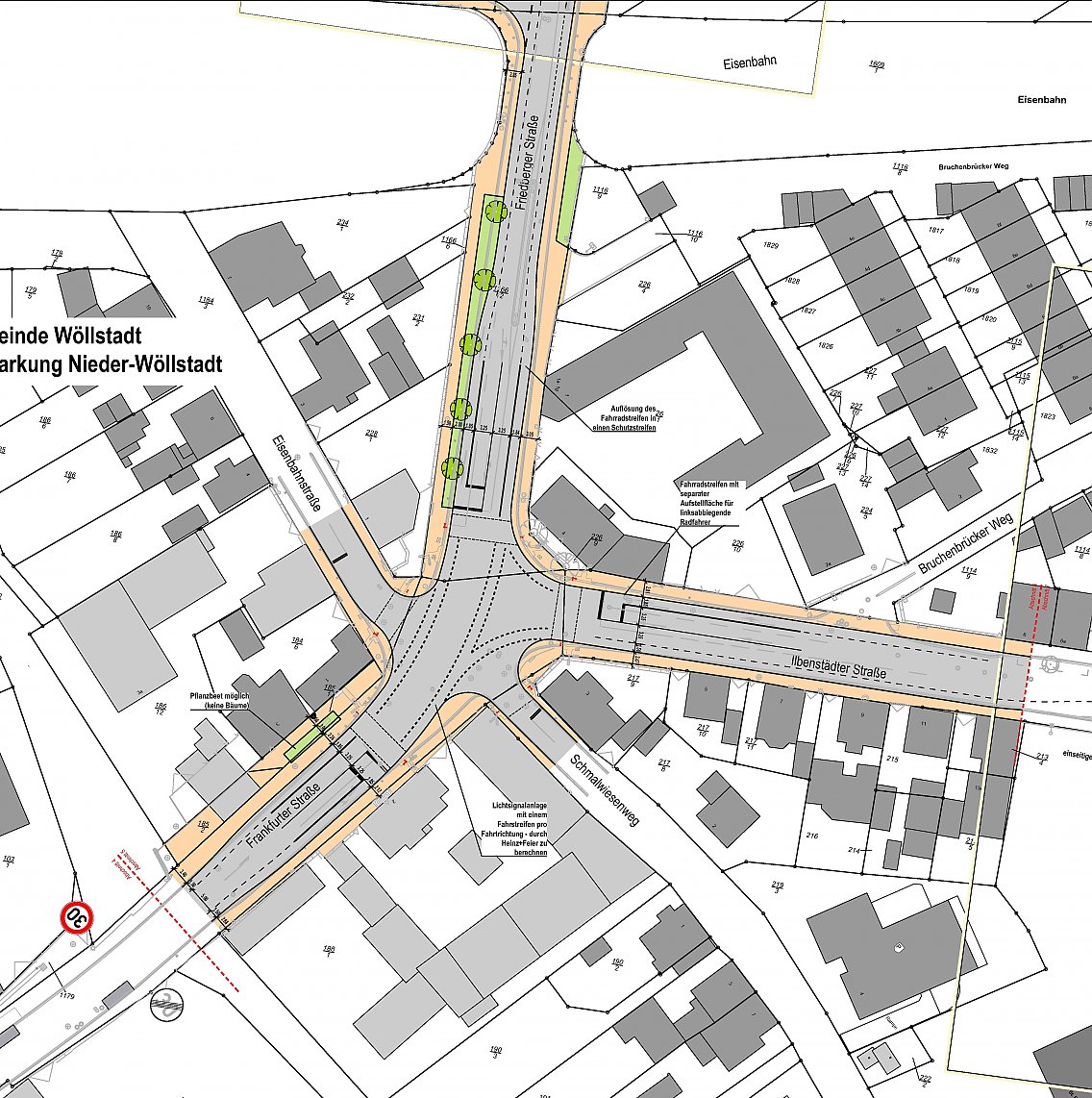 Planausschnitt - Ergebnis der Vorplanung für den Kreuzungsbereich Frankfurter-, Friedberger- und Ilbenstädter Straße in Wöllstadt