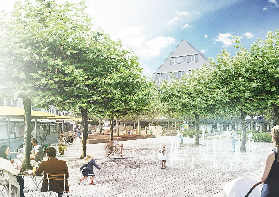Platzansicht mit neuem Brunnen in Friedrichsdorf