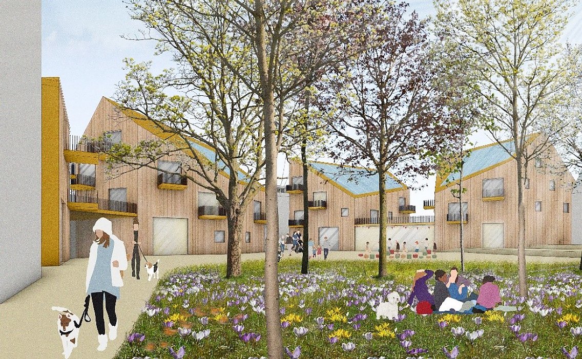 Perspektive vom Park des Entwurfes im Wettbewerb der Neugestaltung der Goers-Geländes in Friedrichsdorf (2. Platz)