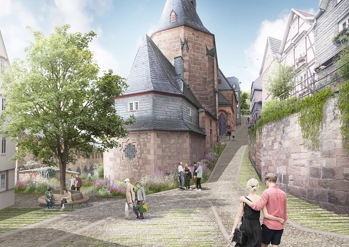 Blick in die Kugelgasse: 1. Preisträger beim freiraumplanerischen Wettbewerb zur klimagerechten Umgestaltung des Lutherischen Kirchhofs und des umliegenden Wegenetzes