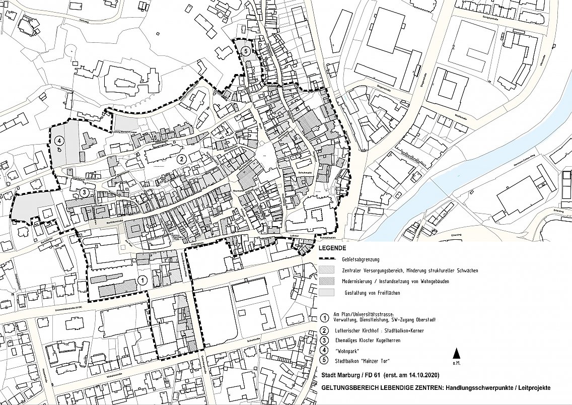 Fördergebiet „Südwestliche Oberstadt Marburg“ mit Handlungsschwerpunkten – Lebendige Zentren