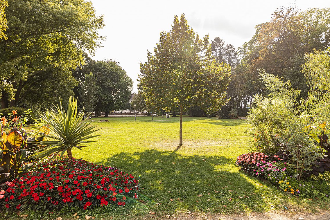 Blick durch den Kurpark zum Kurhaus und neuer Stadthalle in Bad Vilbel